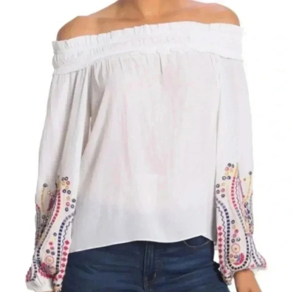 Ramy Brook White Carly Embroidered Off the Shoulder Boho Top New W/Tag $345 S - Picture 2 of 4